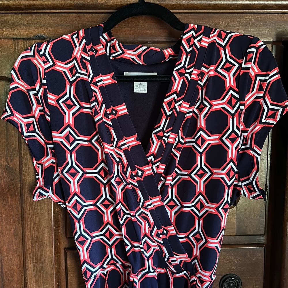 Liz Claiborne sz L faux wrap dress. Navy, white and salmon